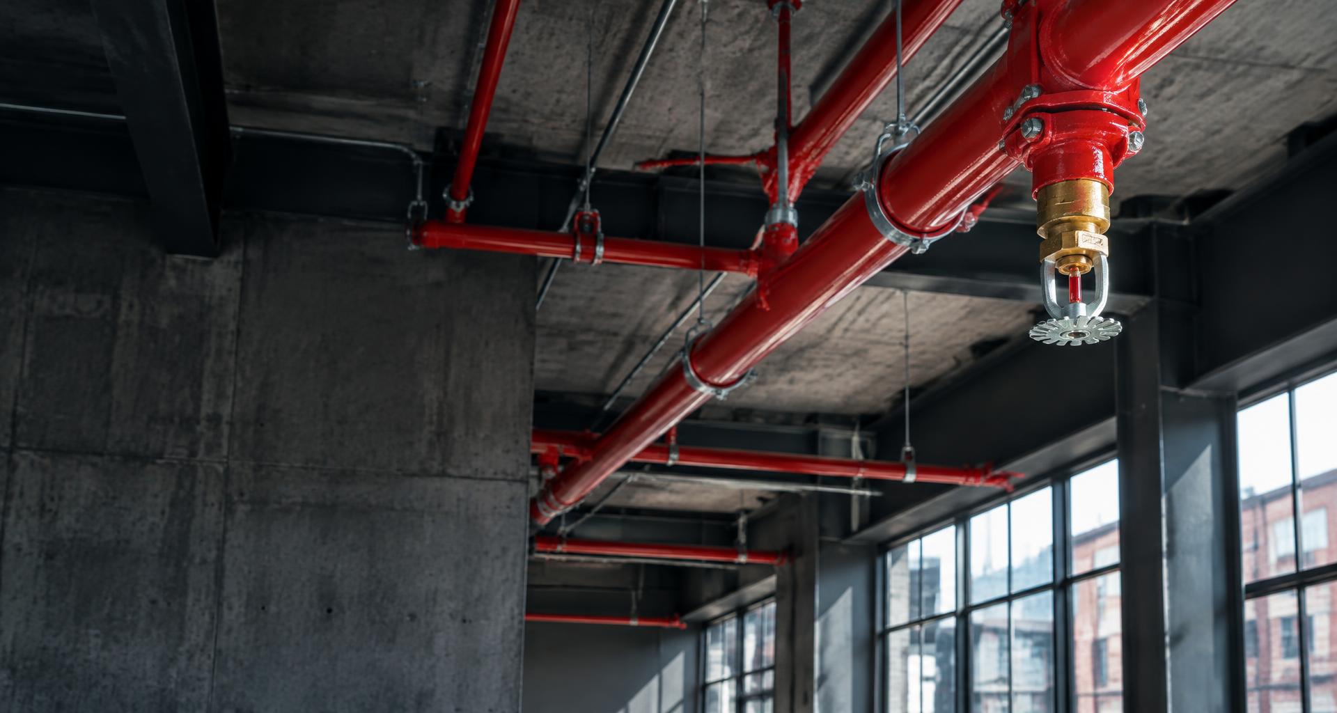 Red fire sprinkler piping professionally installed in a commercial building